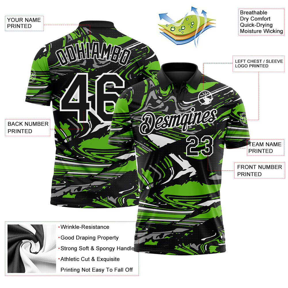 Custom Black Aurora Green Gray-White 3D Pattern Abstract Fluid Marble Performance Polo Shirt view 3