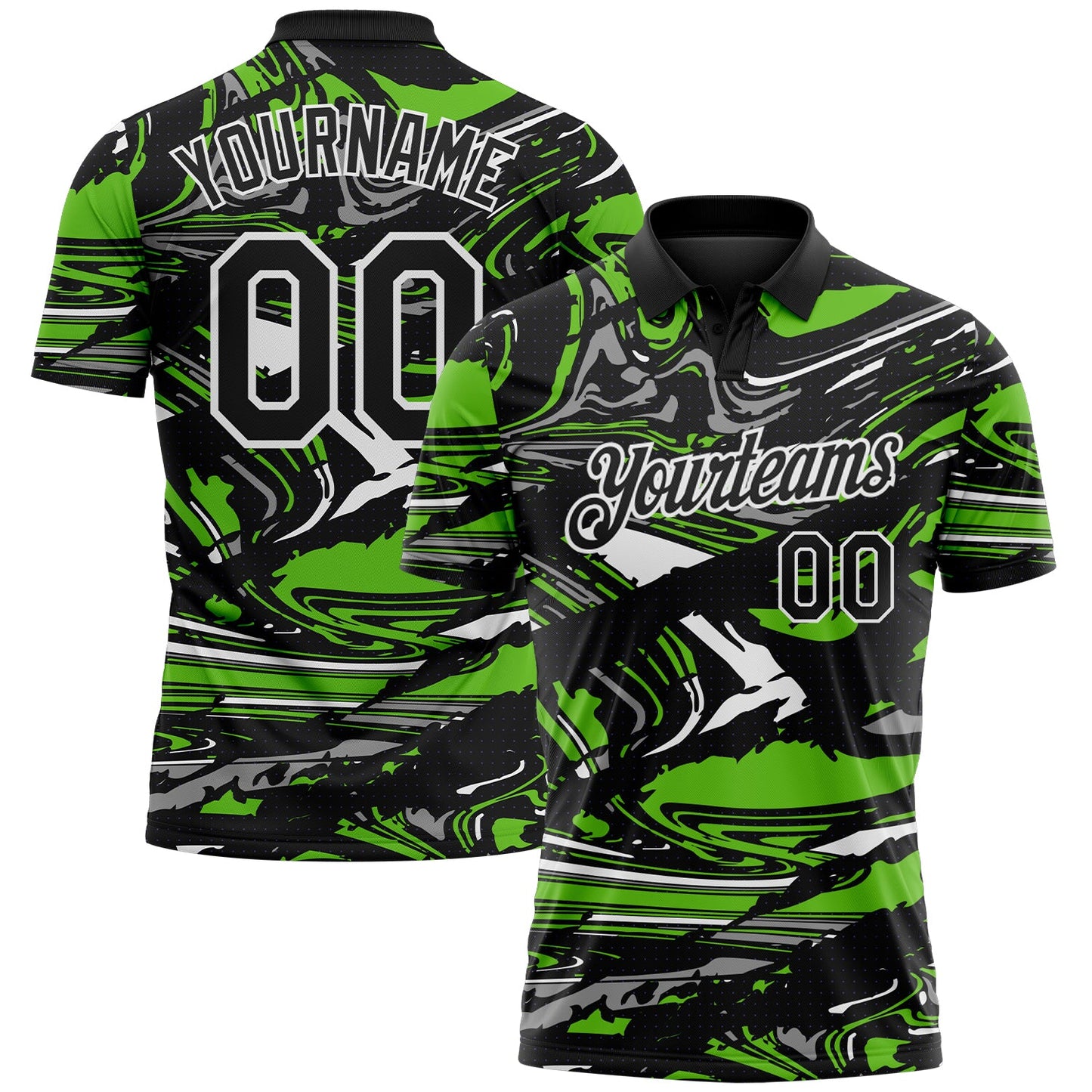 Custom Black Aurora Green Gray-White 3D Pattern Abstract Fluid Marble Performance Polo Shirt - Main View