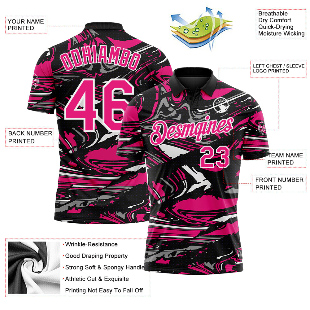 Custom Black Hot Pink Gray-White 3D Pattern Abstract Fluid Marble Performance Polo Shirt view 3