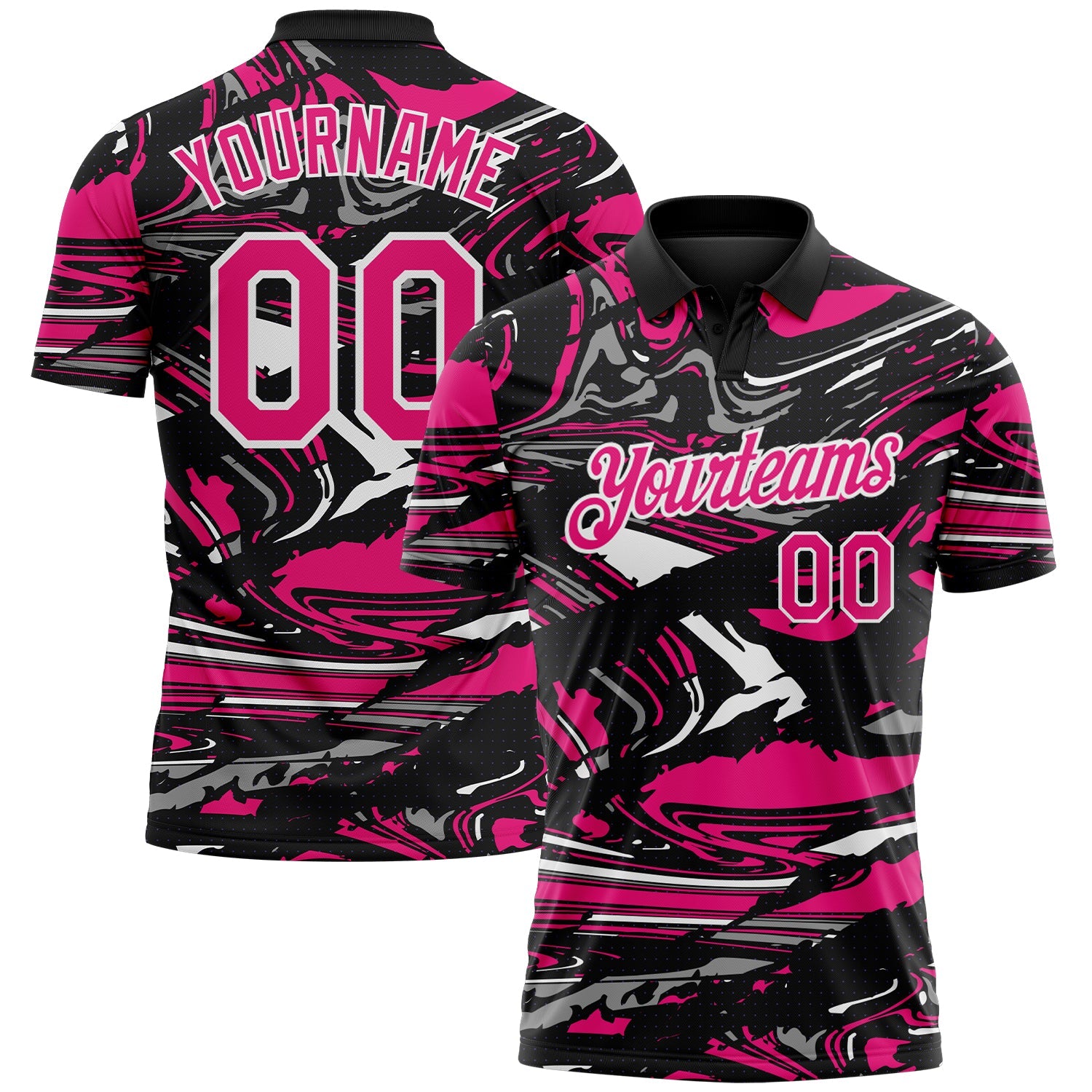 Custom Black Hot Pink Gray-White 3D Pattern Abstract Fluid Marble Performance Polo Shirt - Main View