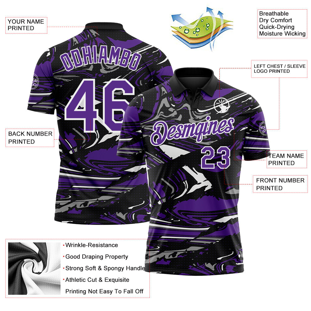 Custom Black Purple Gray-White 3D Pattern Abstract Fluid Marble Performance Polo Shirt view 3