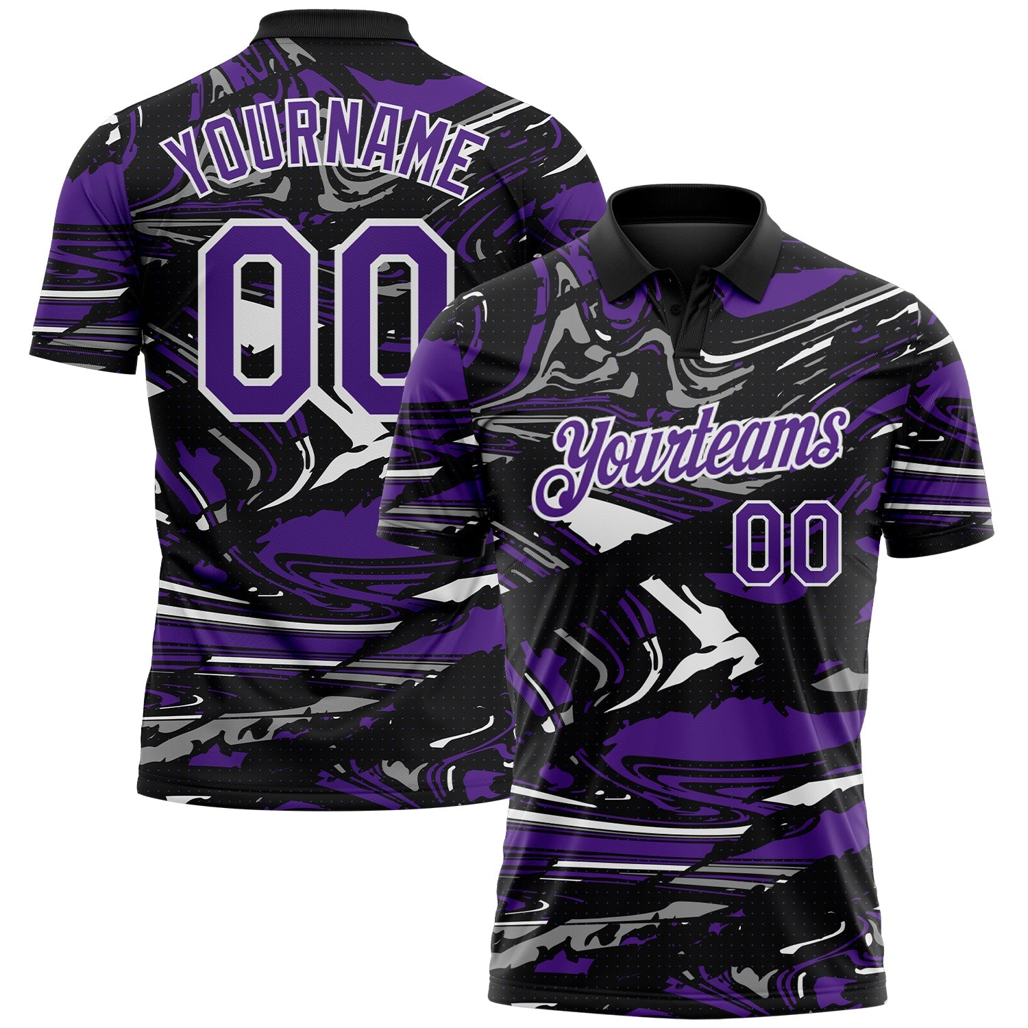 Custom Black Purple Gray-White 3D Pattern Abstract Fluid Marble Performance Polo Shirt - Main View