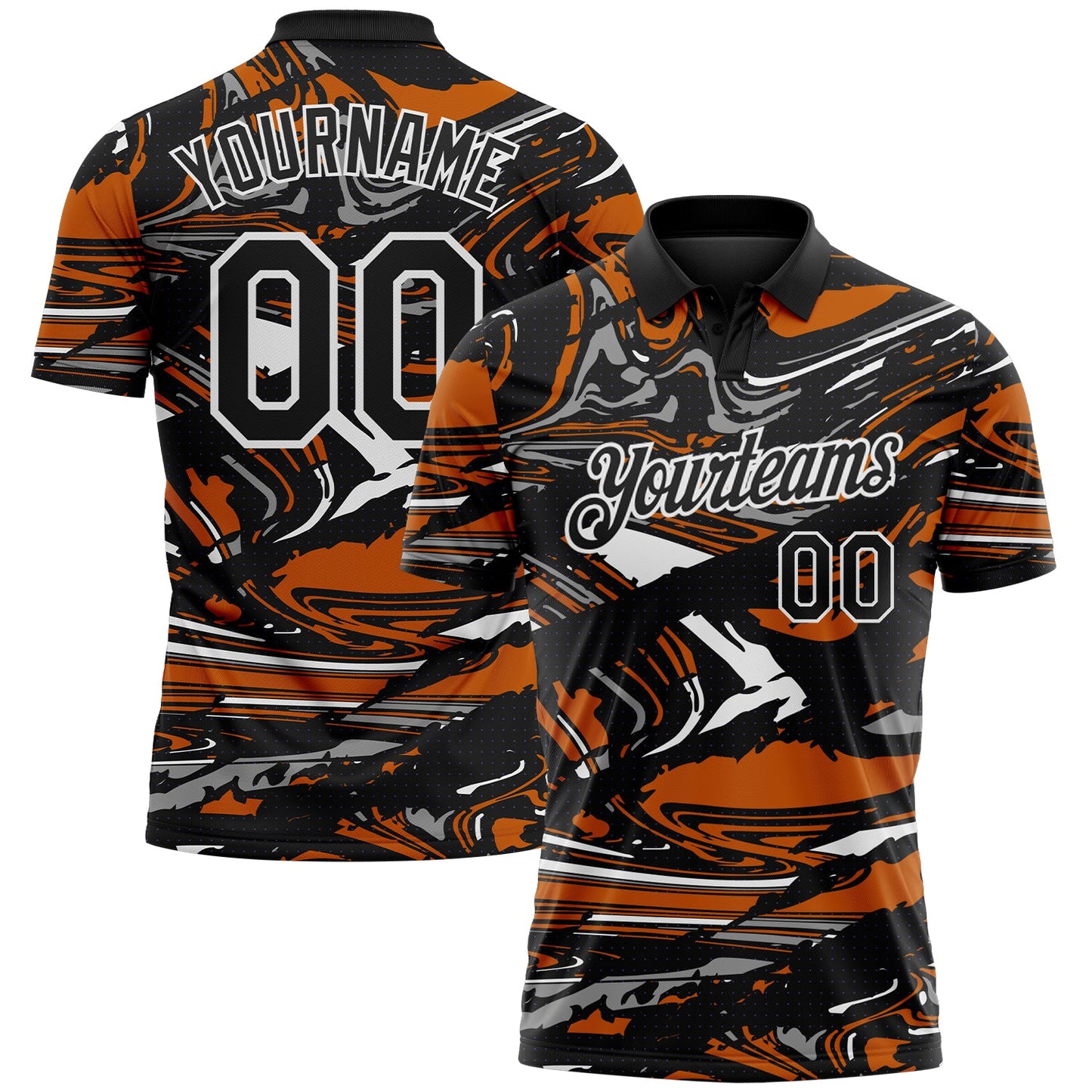 Custom Black Texas Orange Gray-White 3D Pattern Abstract Fluid Marble Performance Polo Shirt - Main View
