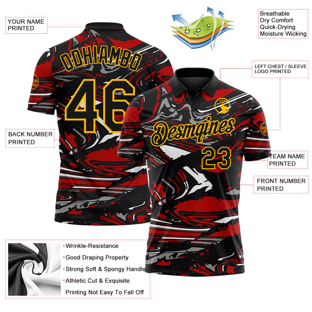 Custom Black Red Gray-Gold 3D Pattern Abstract Fluid Marble Performance Polo Shirt view 3