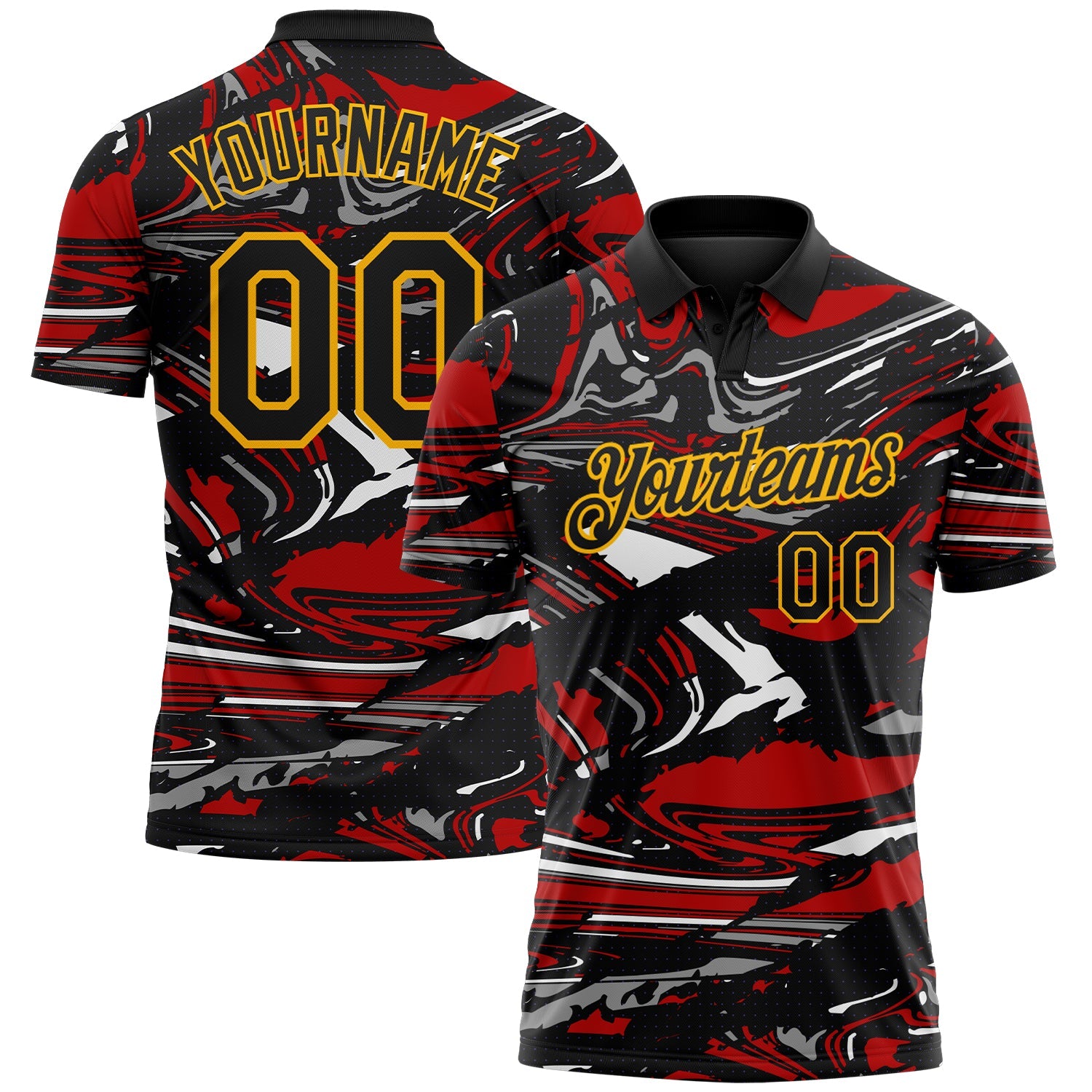 Custom Black Red Gray-Gold 3D Pattern Abstract Fluid Marble Performance Polo Shirt - Main View