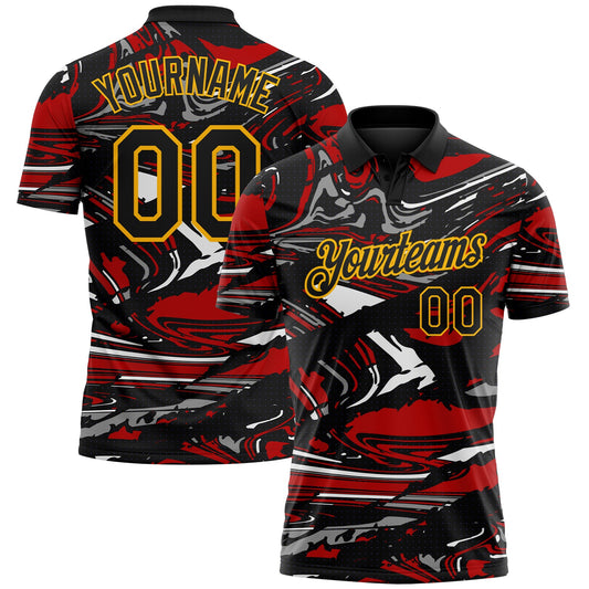 Custom Black Red Gray-Gold 3D Pattern Abstract Fluid Marble Performance Polo Shirt - Main View