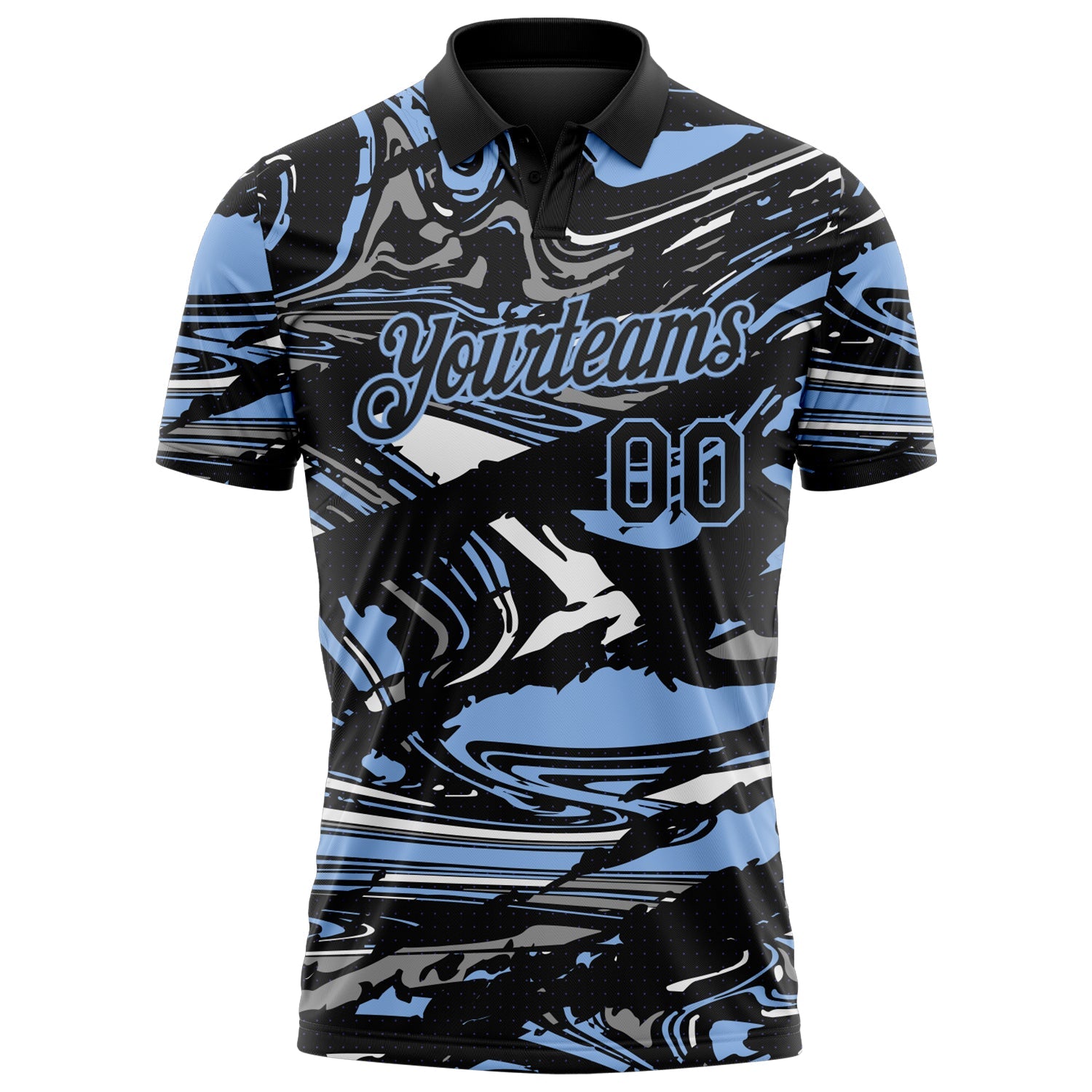 Custom Black Light Blue-Gray 3D Pattern Abstract Fluid Marble Performance Polo Shirt view 2