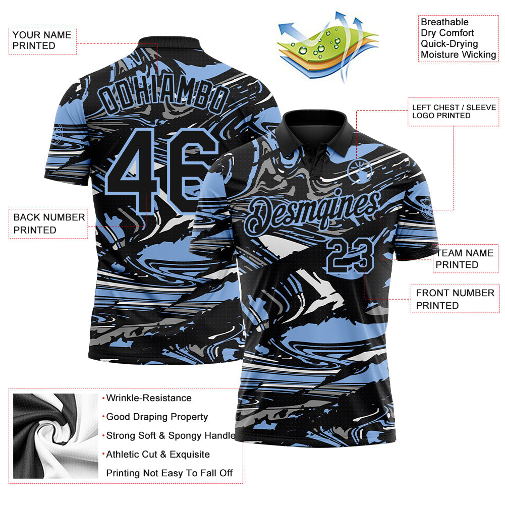 Custom Black Light Blue-Gray 3D Pattern Abstract Fluid Marble Performance Polo Shirt view 3