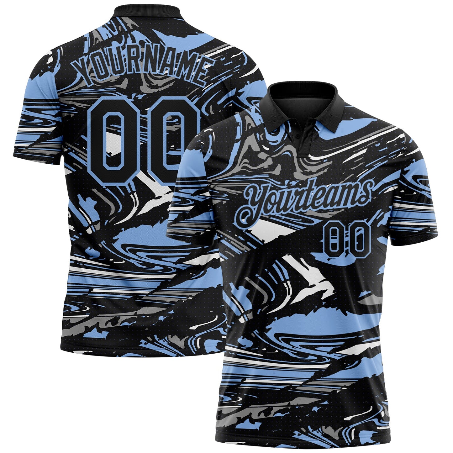 Custom Black Light Blue-Gray 3D Pattern Abstract Fluid Marble Performance Polo Shirt - Main View