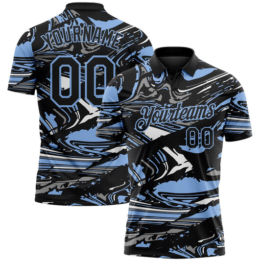 Custom Black Light Blue-Gray 3D Pattern Abstract Fluid Marble Performance Polo Shirt - Main View