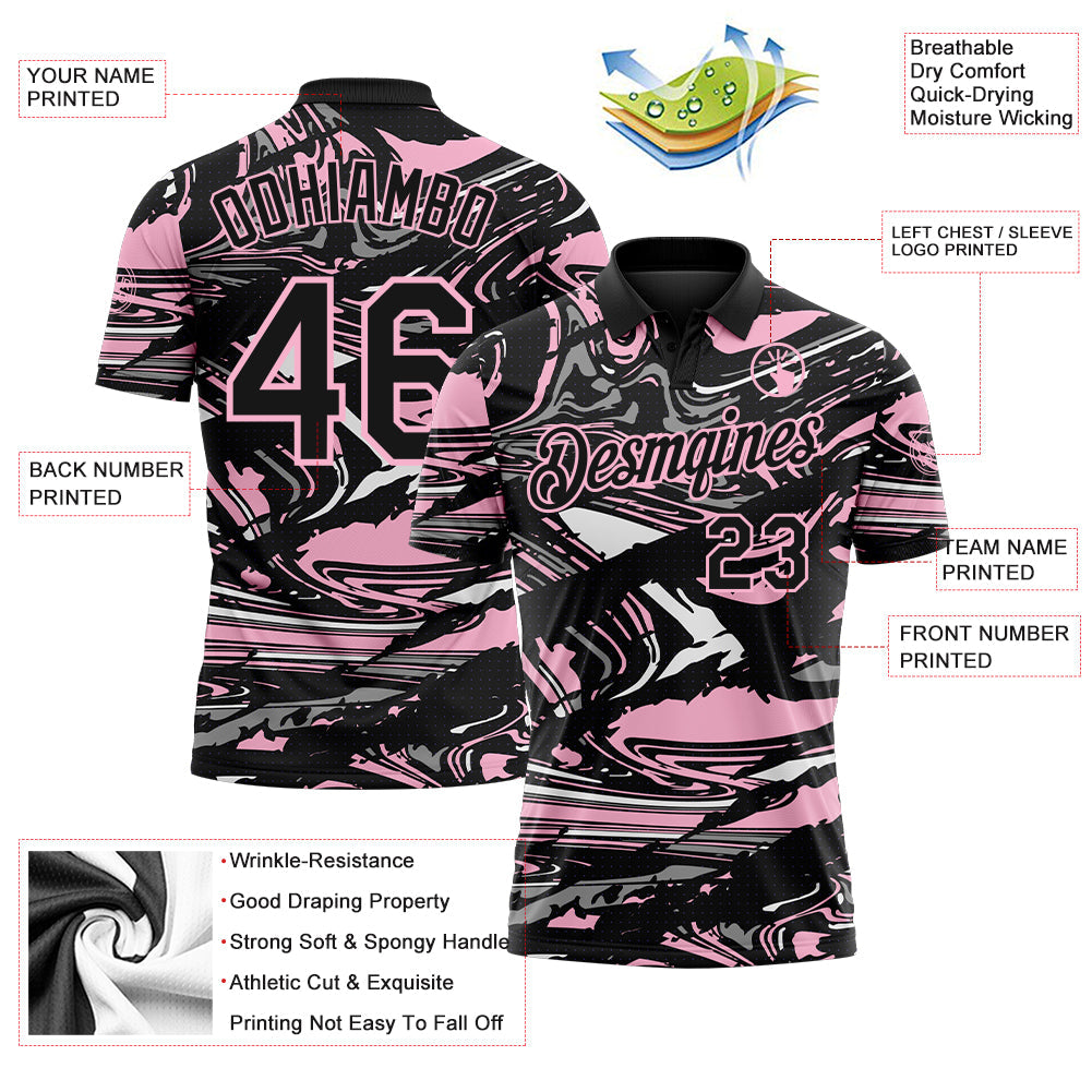 Custom Black Light Pink-Gray 3D Pattern Abstract Fluid Marble Performance Polo Shirt view 3