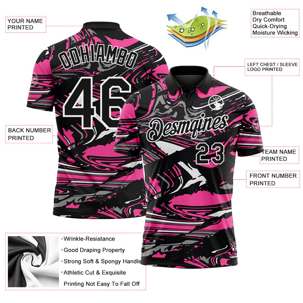 Custom Black Pink Gray-White 3D Pattern Abstract Fluid Marble Performance Polo Shirt view 3