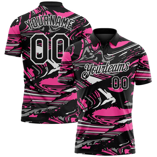Custom Black Pink Gray-White 3D Pattern Abstract Fluid Marble Performance Polo Shirt - Main View
