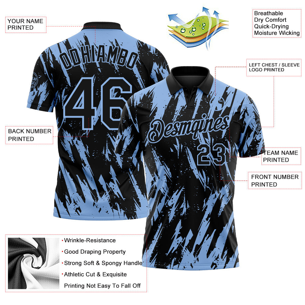 Custom Black-Light Blue Torn Sharp Brush Stroke Splatter Performance Polo Shirt view 3