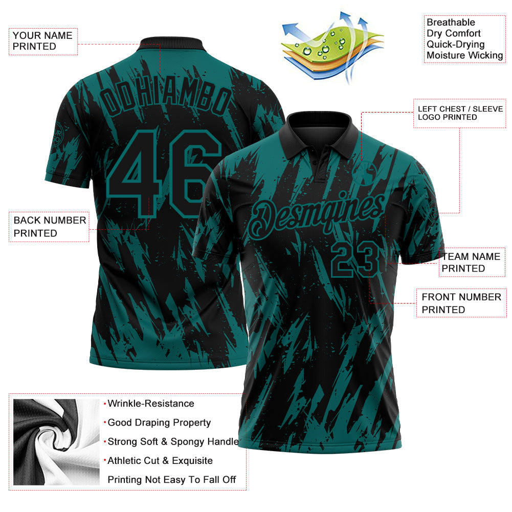 Custom Black-Teal Torn Sharp Brush Stroke Splatter Performance Polo Shirt view 3