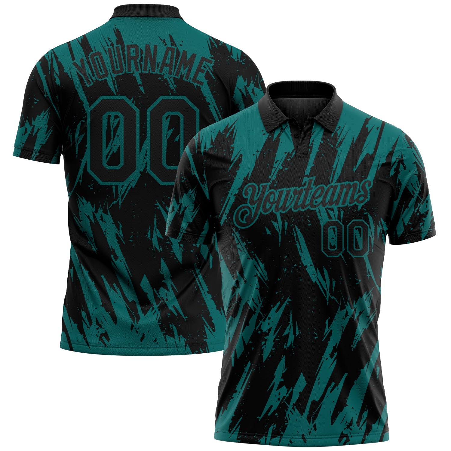 Custom Black-Teal Torn Sharp Brush Stroke Splatter Performance Polo Shirt - Main View