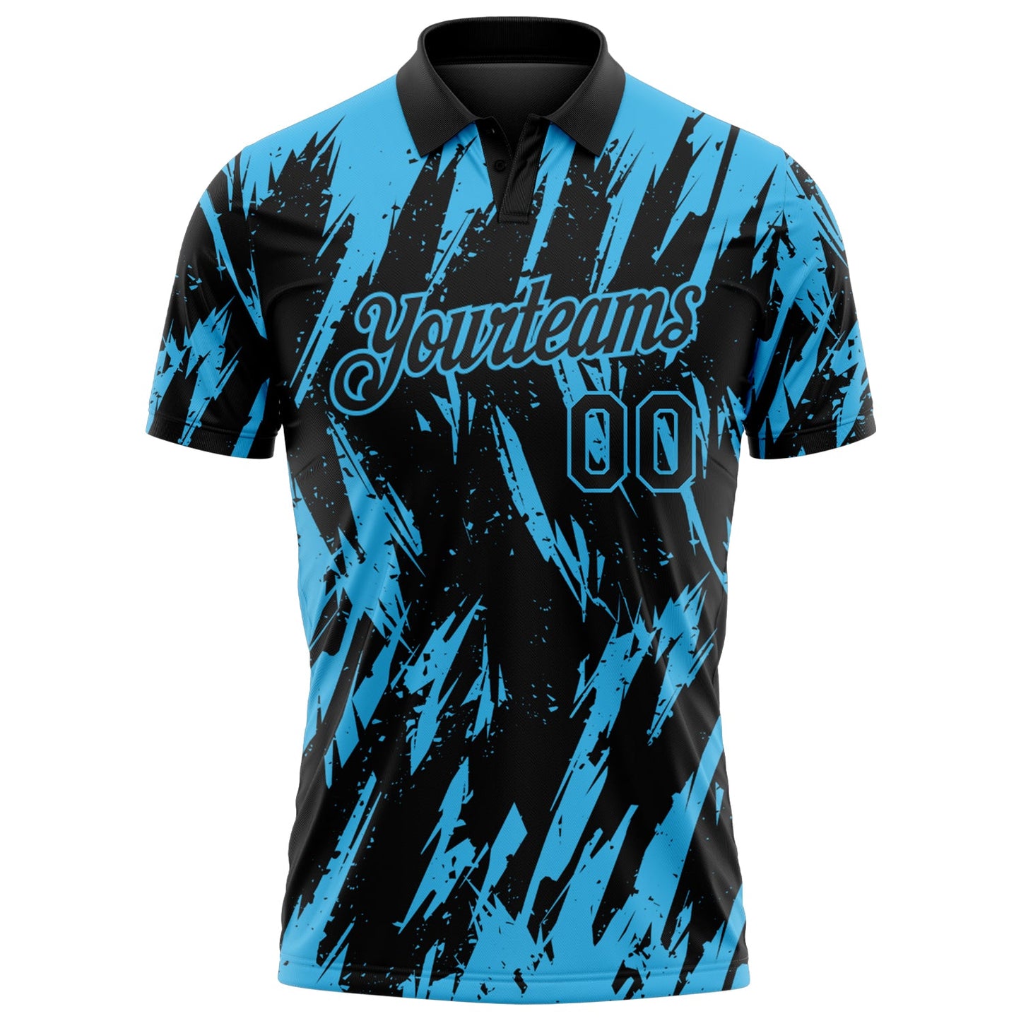 Custom Black-Sky Blue Torn Sharp Brush Stroke Splatter Performance Polo Shirt view 2
