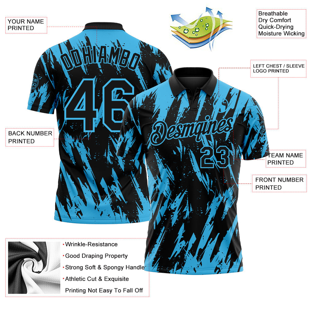 Custom Black-Sky Blue Torn Sharp Brush Stroke Splatter Performance Polo Shirt view 3
