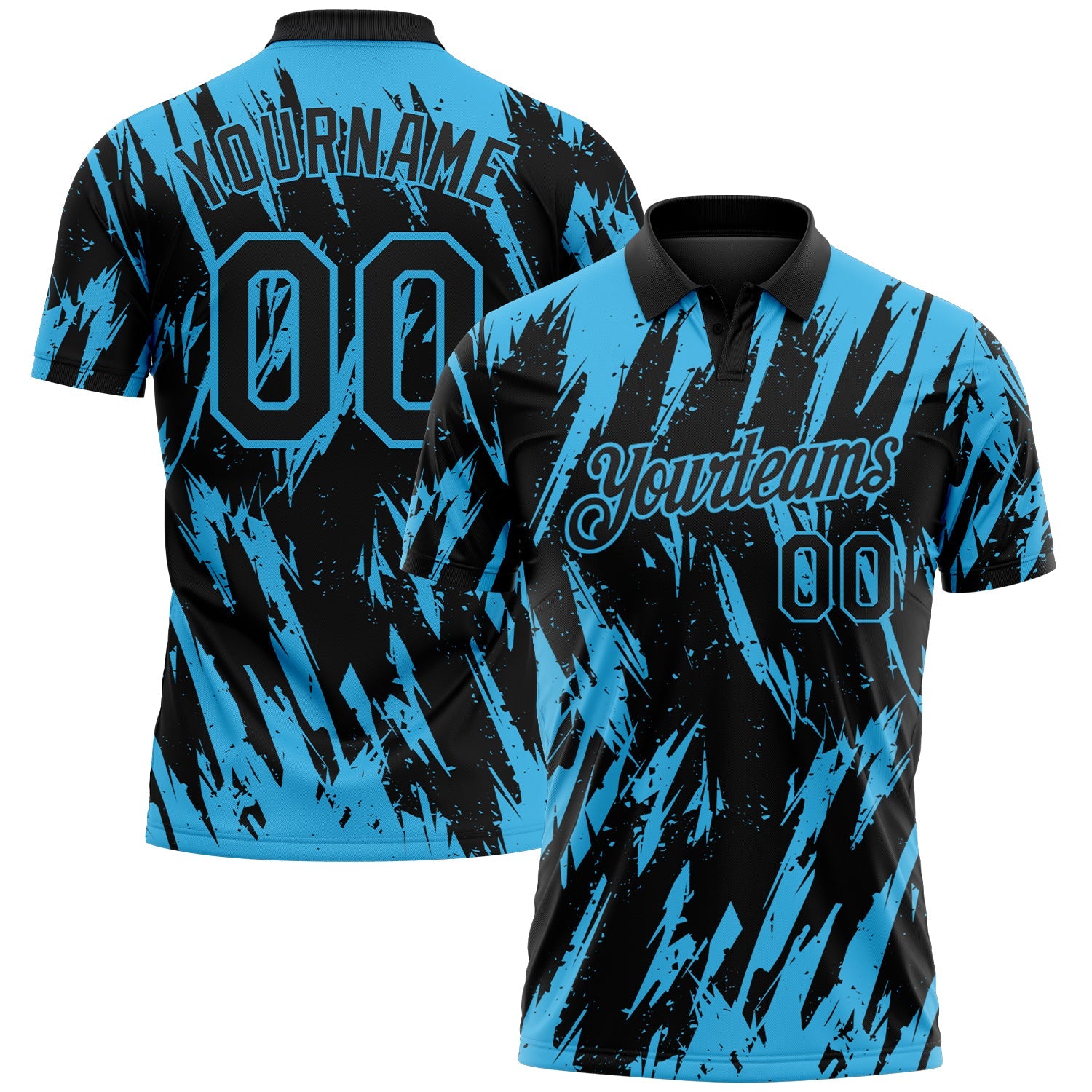 Custom Black-Sky Blue Torn Sharp Brush Stroke Splatter Performance Polo Shirt - Main View