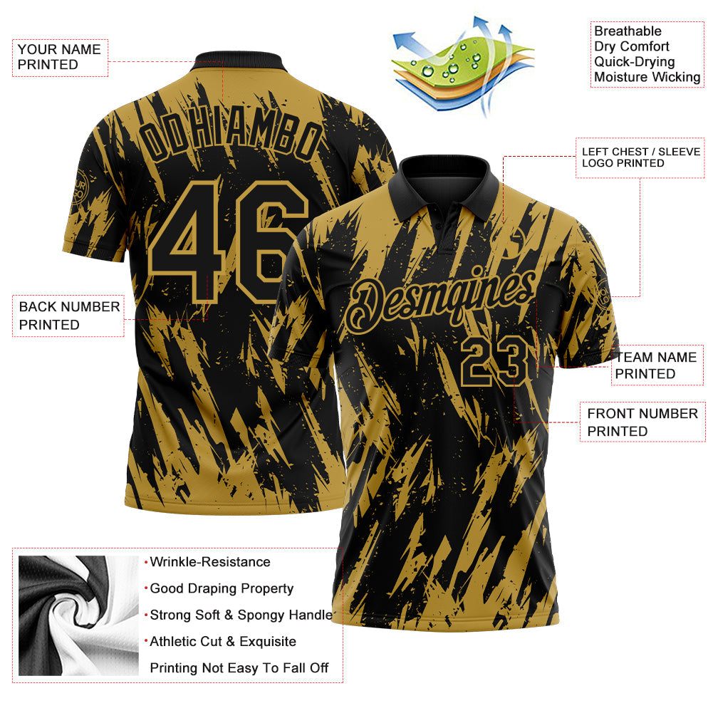 Custom Black-Old Gold Torn Sharp Brush Stroke Splatter Performance Polo Shirt view 3