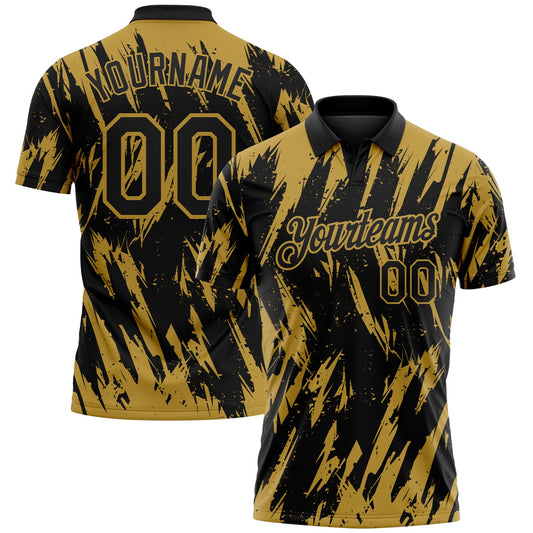 Custom Black-Old Gold Torn Sharp Brush Stroke Splatter Performance Polo Shirt - Main View