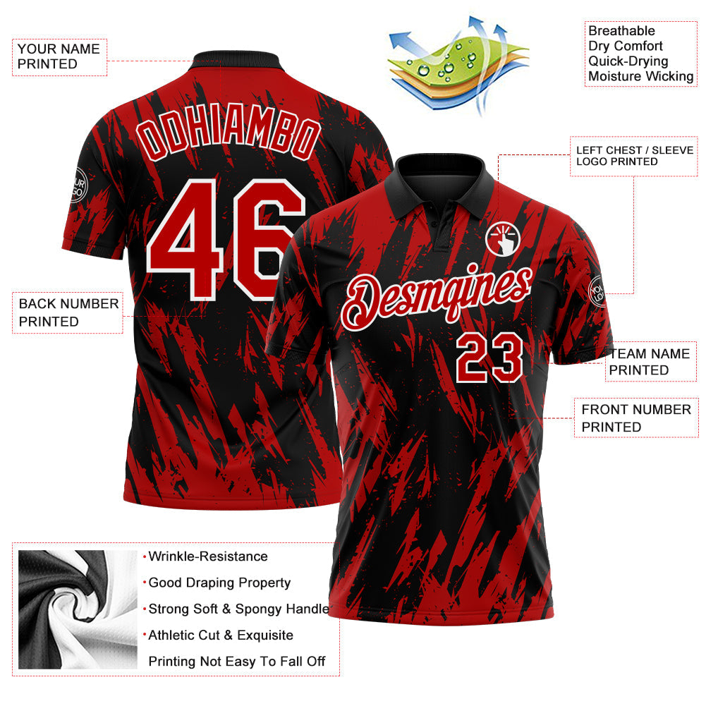 Custom Black Red-White Torn Sharp Brush Stroke Splatter Performance Polo Shirt view 3