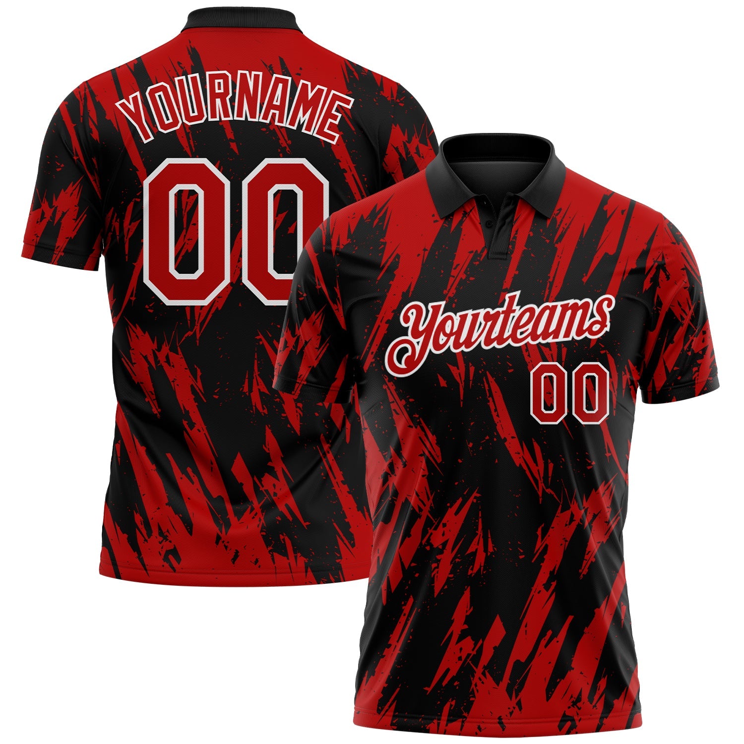 Custom Black Red-White Torn Sharp Brush Stroke Splatter Performance Polo Shirt - Main View