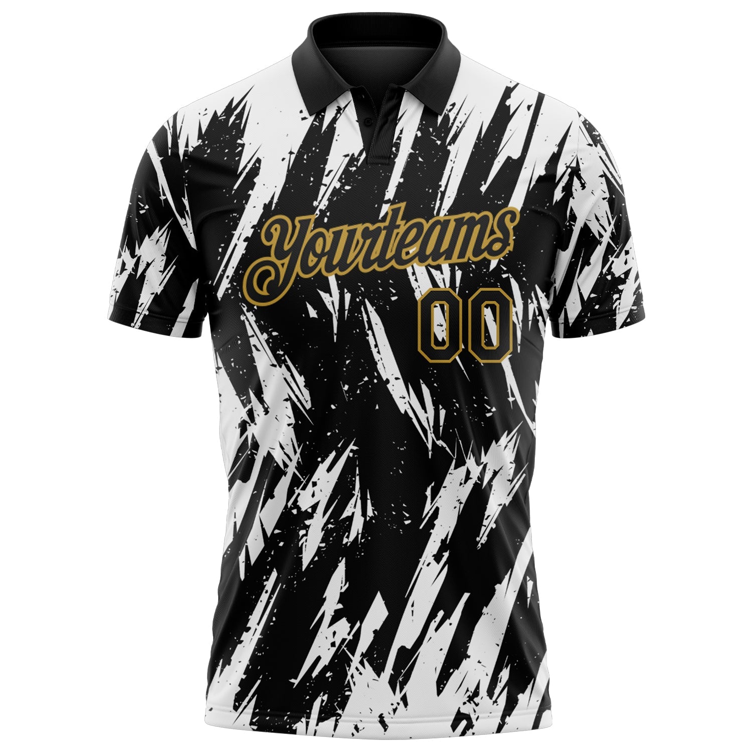 Custom Black White-Old Gold Torn Sharp Brush Stroke Splatter Performance Polo Shirt view 2