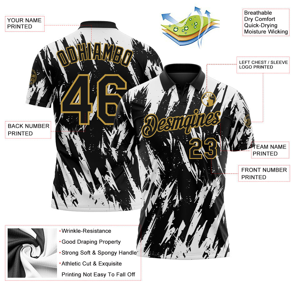 Custom Black White-Old Gold Torn Sharp Brush Stroke Splatter Performance Polo Shirt view 3
