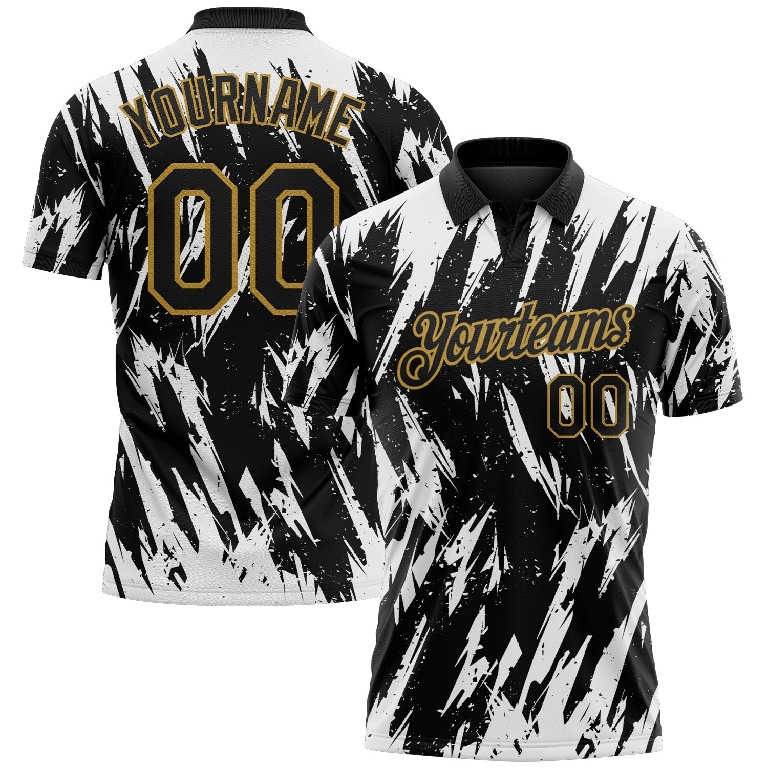 Custom Black White-Old Gold Torn Sharp Brush Stroke Splatter Performance Polo Shirt - Main View