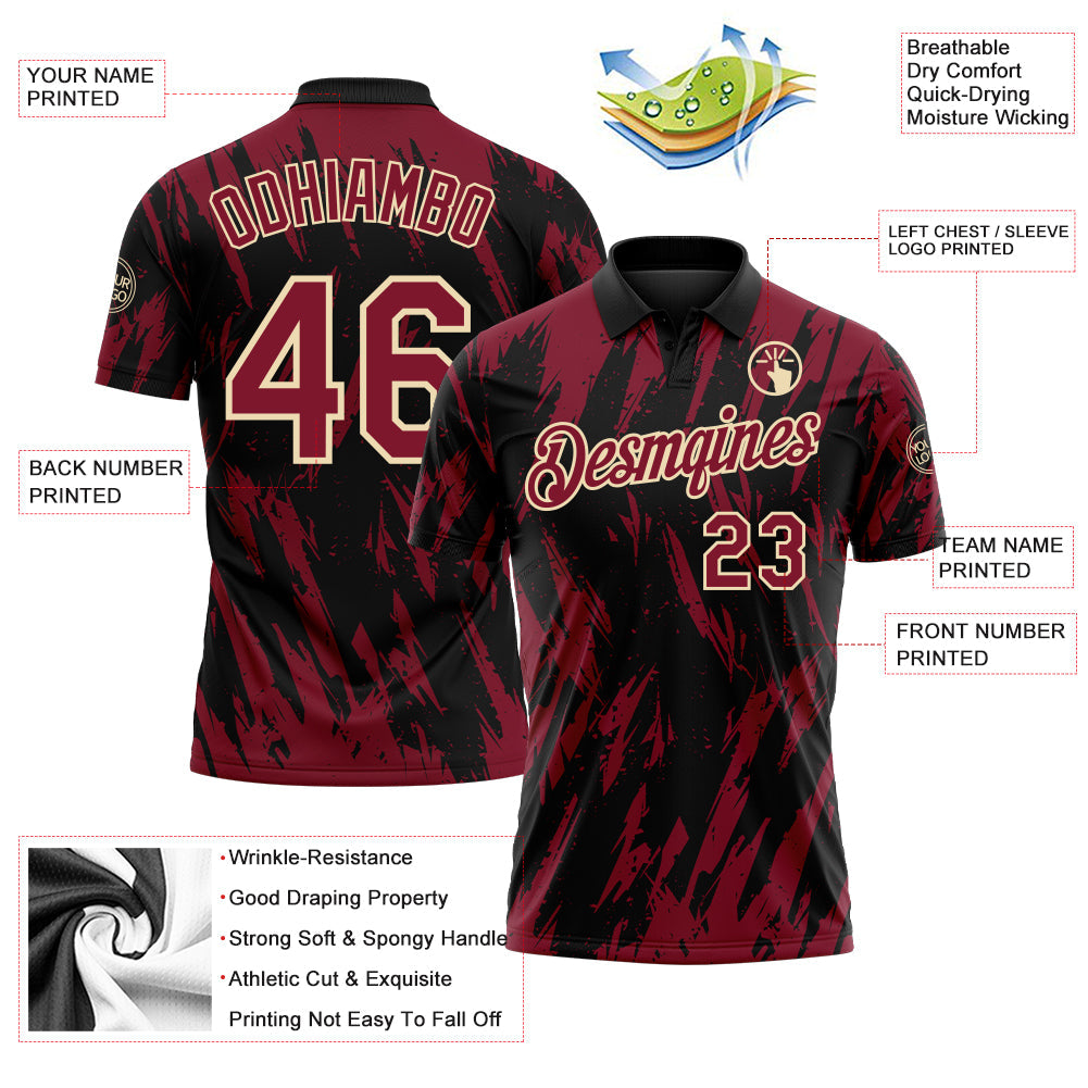 Custom Black Crimson-Cream Torn Sharp Brush Stroke Splatter Performance Polo Shirt view 3