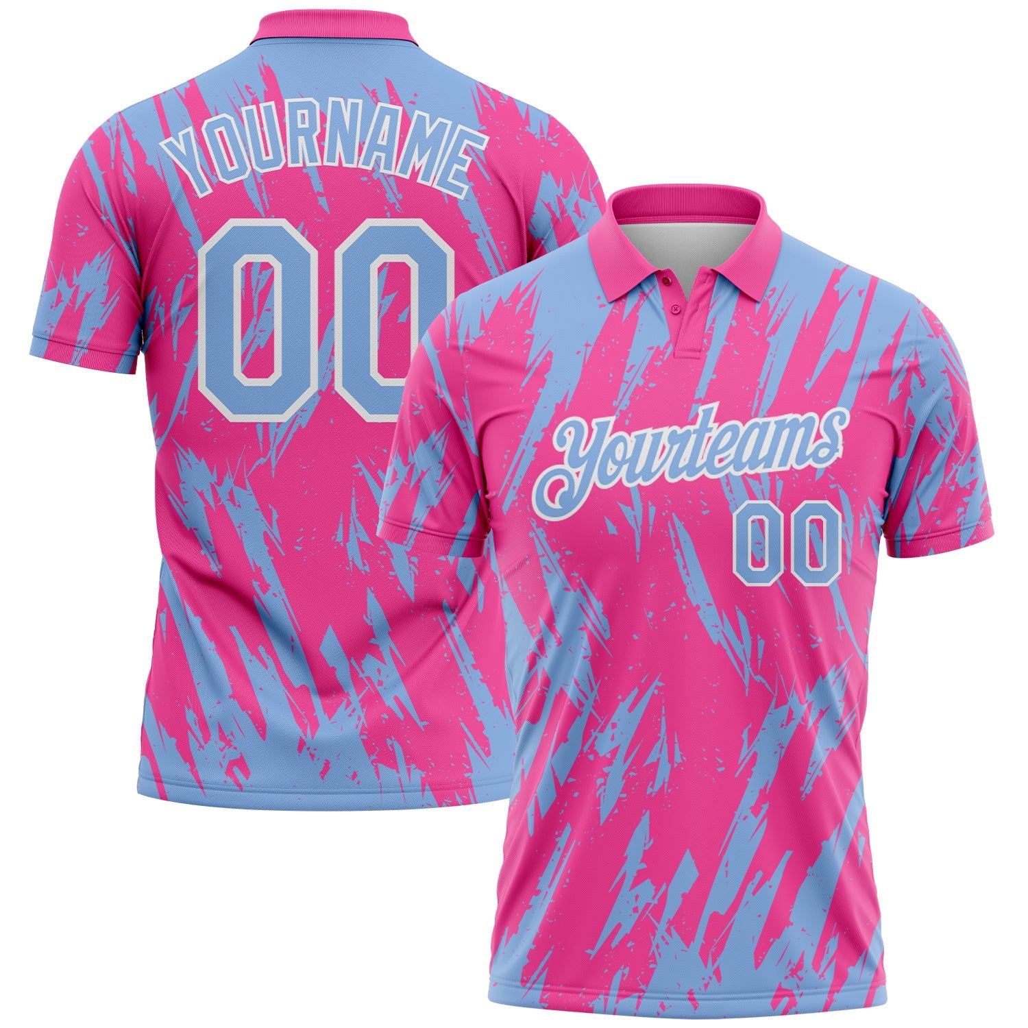 Custom Pink Light Blue-White Torn Sharp Brush Stroke Splatter Performance Polo Shirt - Main View
