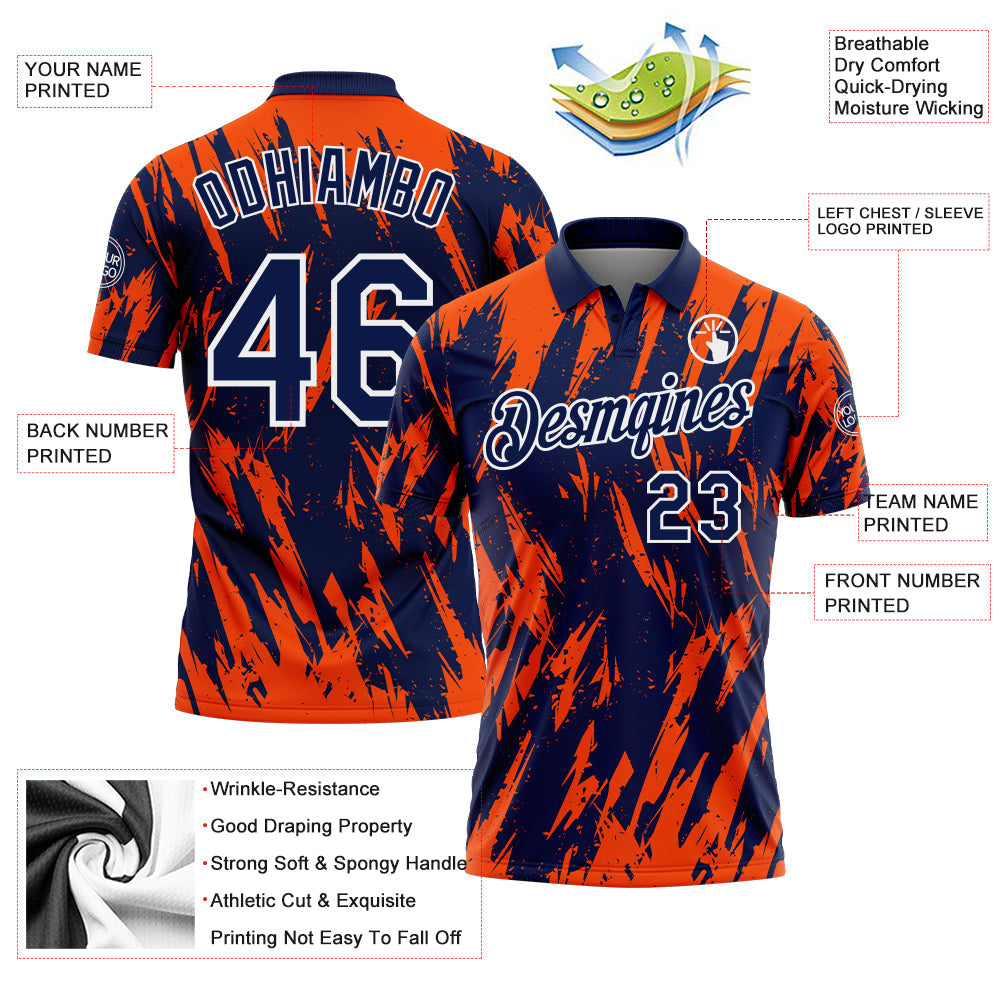 Custom Navy Orange-White Torn Sharp Brush Stroke Splatter Performance Polo Shirt view 3