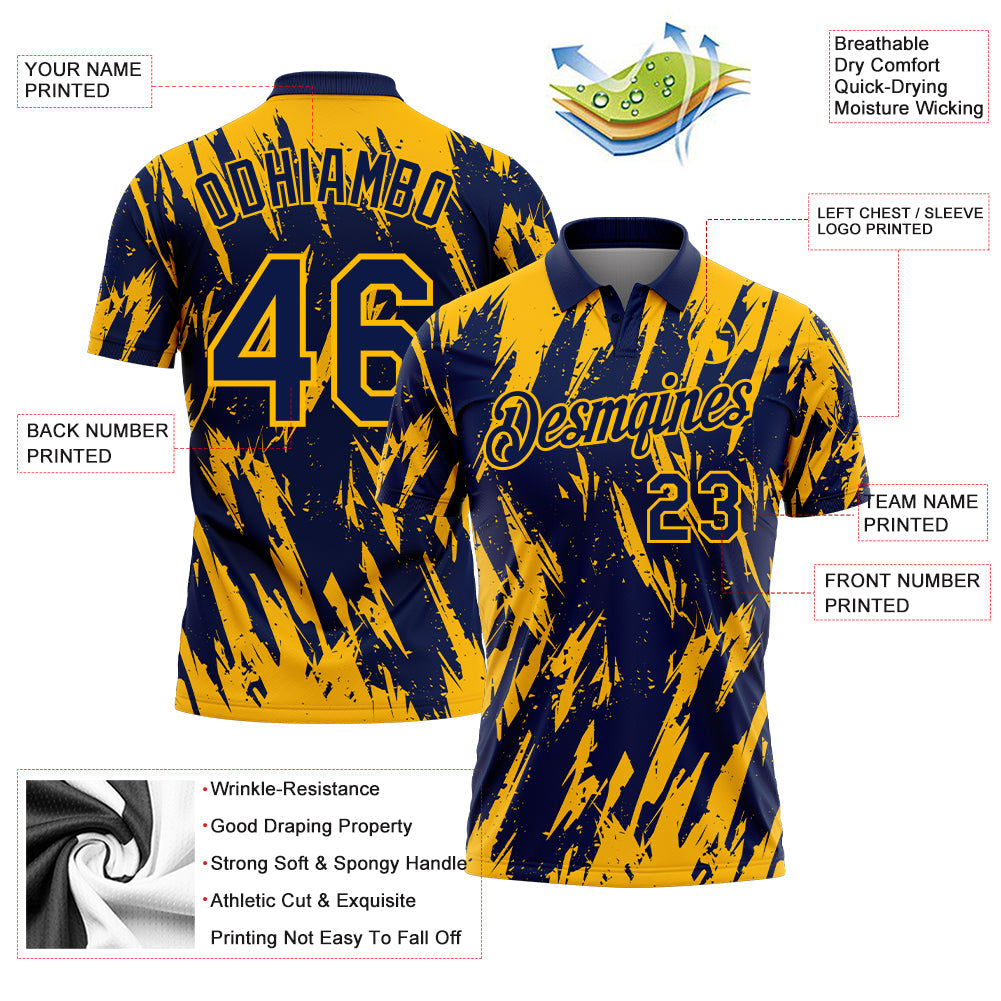 Custom Navy-Gold Torn Sharp Brush Stroke Splatter Performance Polo Shirt view 3