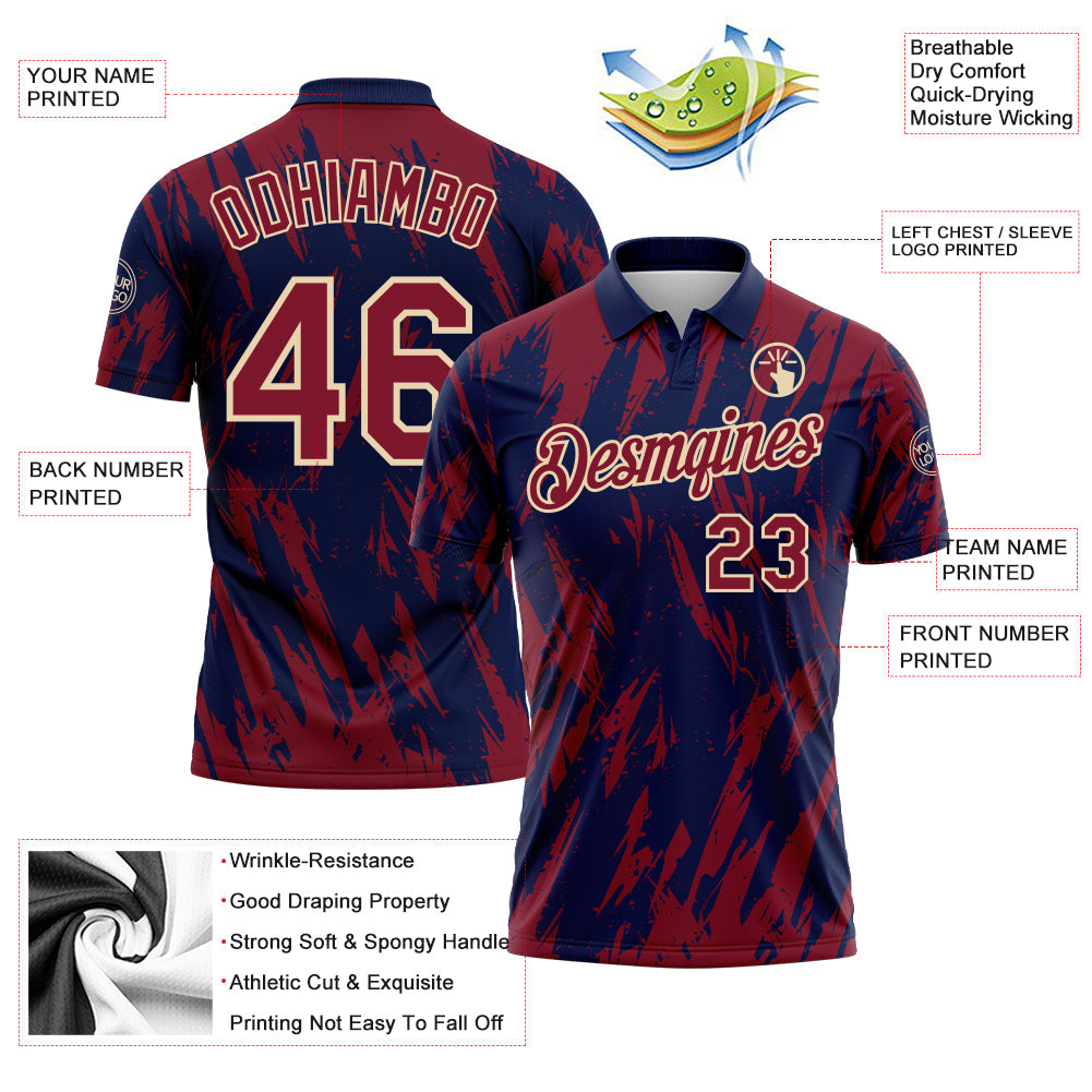 Custom Navy Crimson-City Cream Torn Sharp Brush Stroke Splatter Performance Polo Shirt view 3