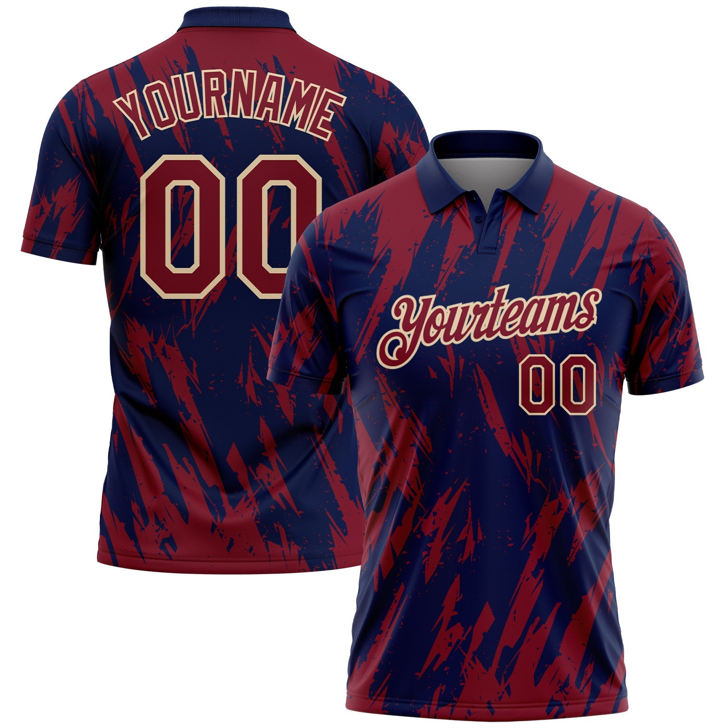 Custom Navy Crimson-City Cream Torn Sharp Brush Stroke Splatter Performance Polo Shirt - Main View