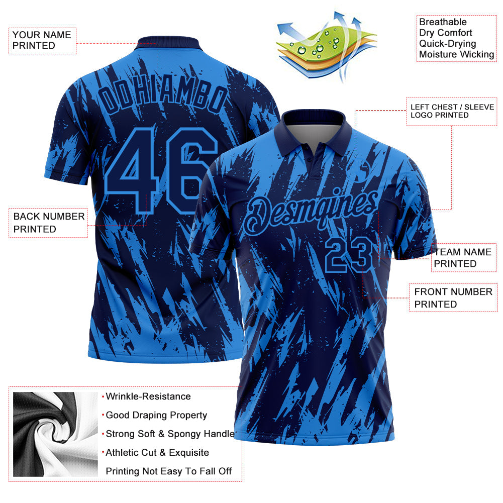 Custom Navy-Powder Blue Torn Sharp Brush Stroke Splatter Performance Polo Shirt view 3