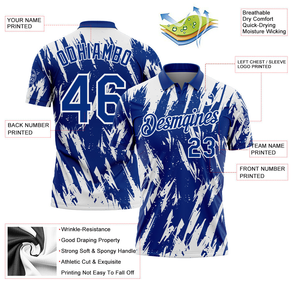 Custom Royal-White Torn Sharp Brush Stroke Splatter Performance Polo Shirt view 3