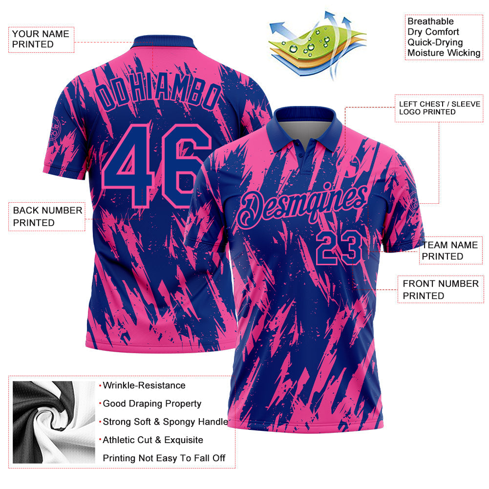 Custom Royal-Pink Torn Sharp Brush Stroke Splatter Performance Polo Shirt view 3