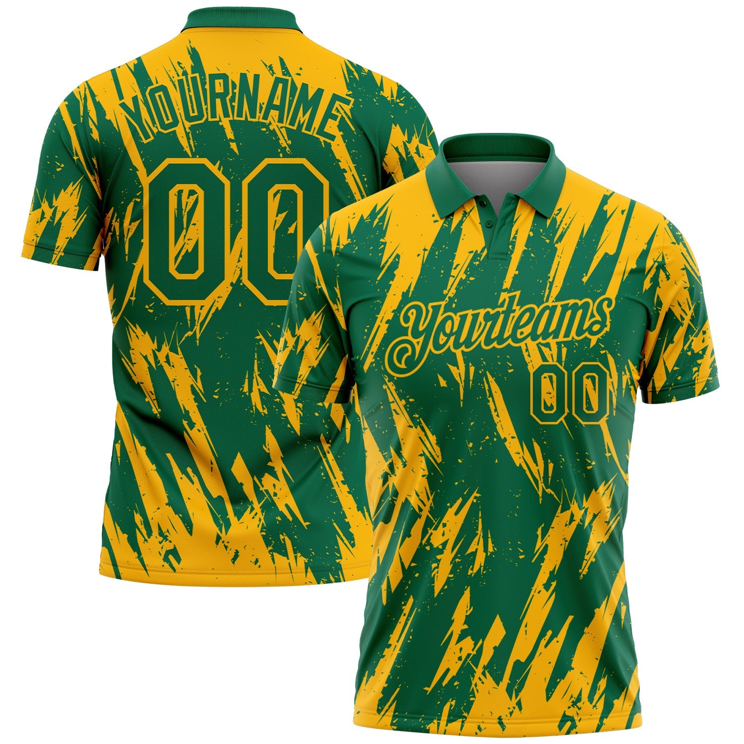 Custom Kelly Green-Gold Torn Sharp Brush Stroke Splatter Performance Polo Shirt - Main View