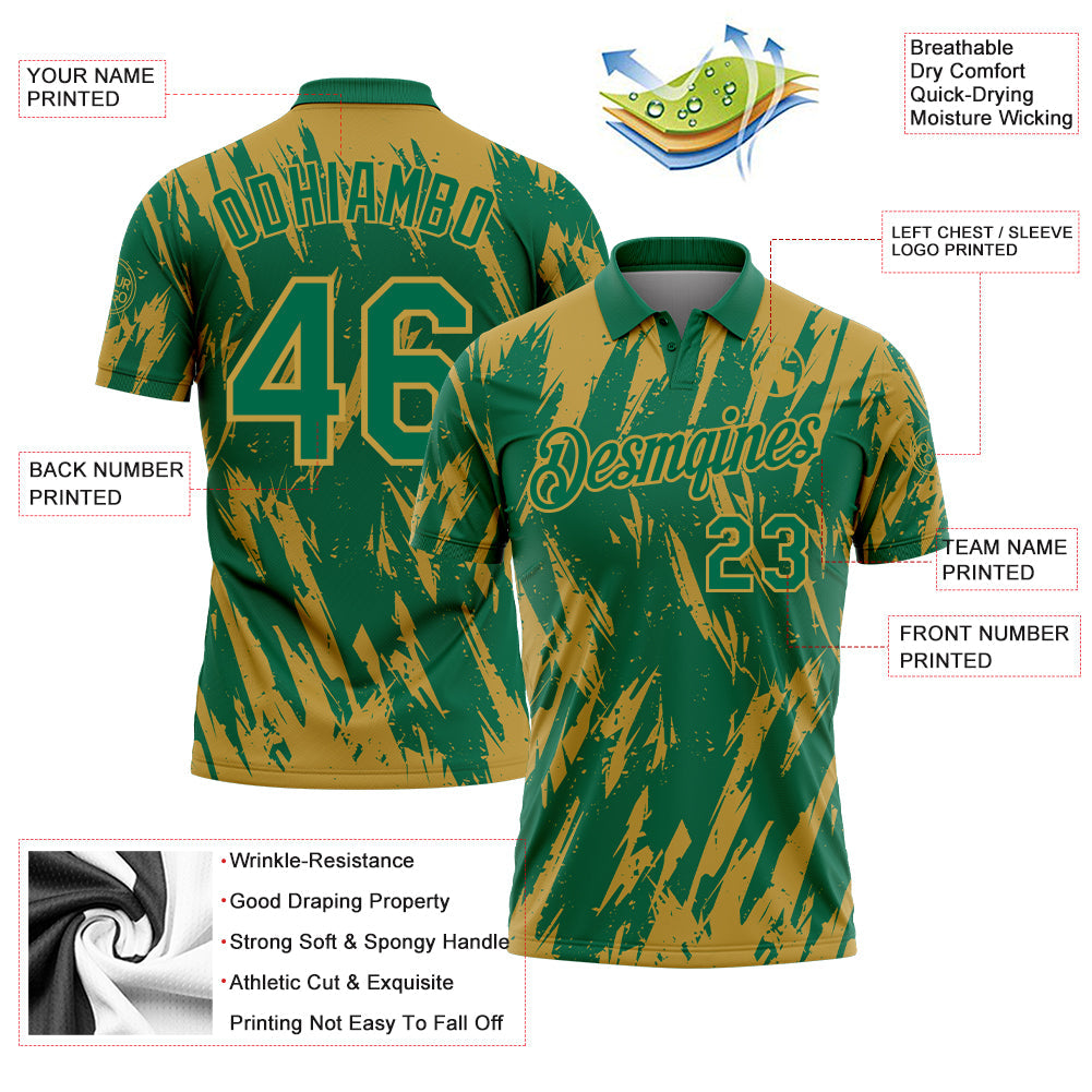 Custom Kelly Green-Old Gold Torn Sharp Brush Stroke Splatter Performance Polo Shirt view 3