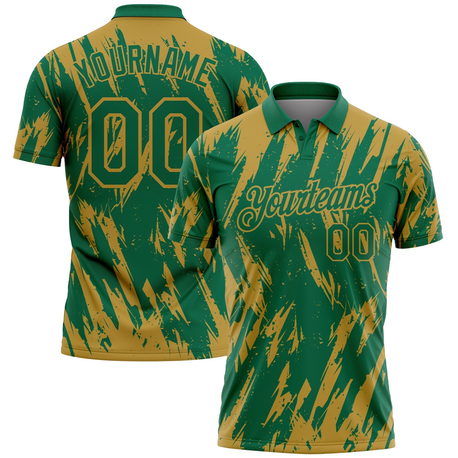 Custom Kelly Green-Old Gold Torn Sharp Brush Stroke Splatter Performance Polo Shirt - Main View