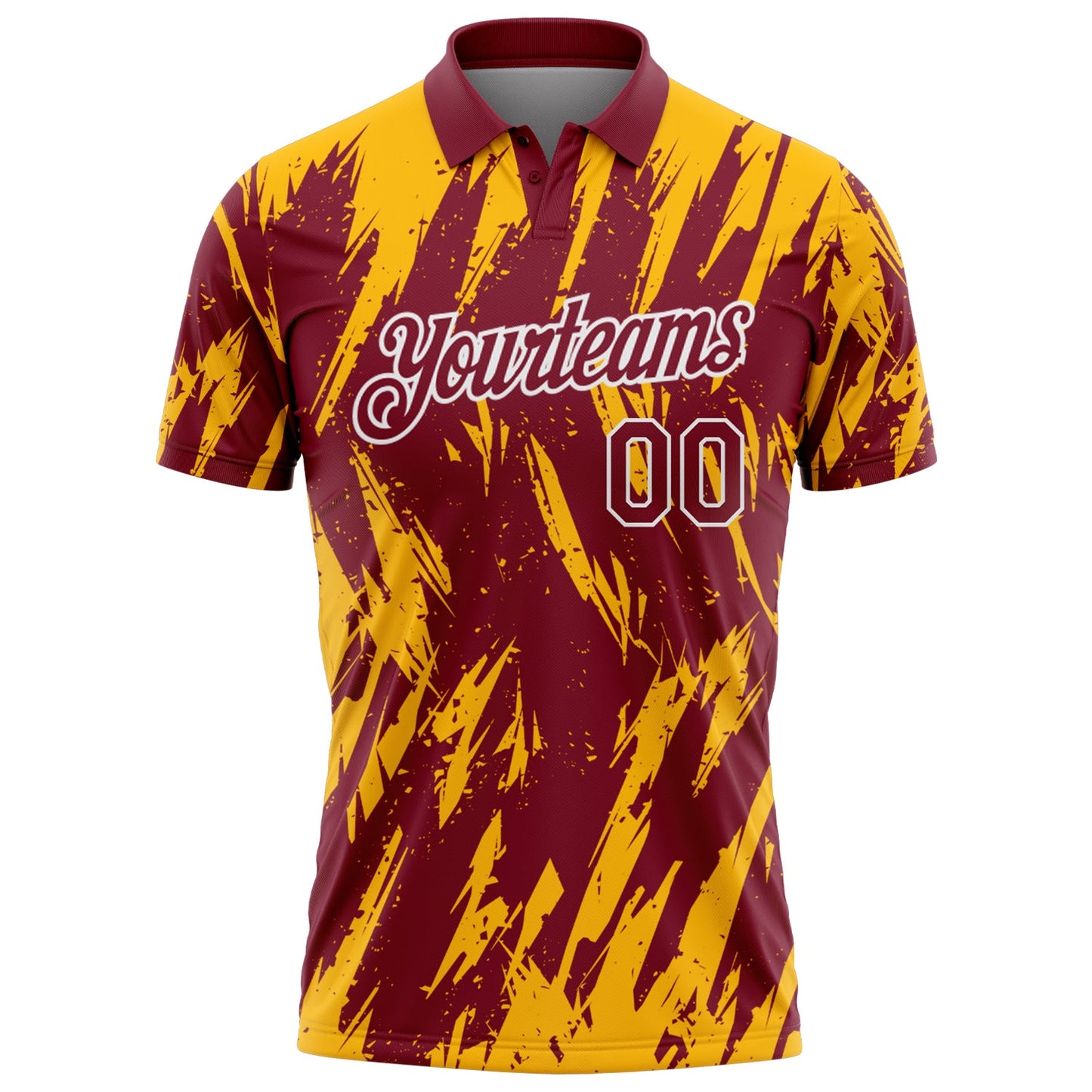 Custom Crimson Gold-White Torn Sharp Brush Stroke Splatter Performance Polo Shirt view 2