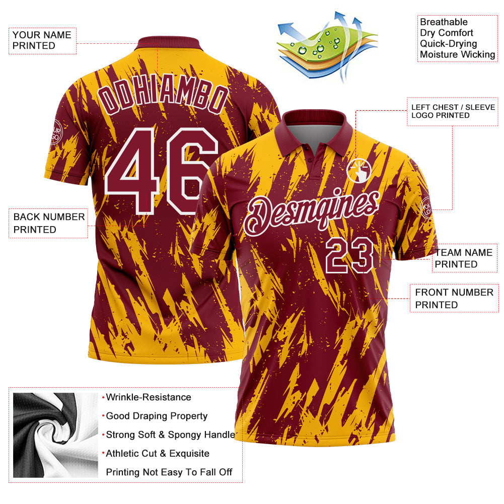 Custom Crimson Gold-White Torn Sharp Brush Stroke Splatter Performance Polo Shirt view 3