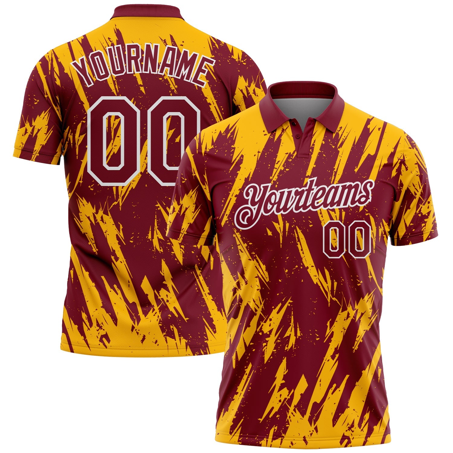 Custom Crimson Gold-White Torn Sharp Brush Stroke Splatter Performance Polo Shirt - Main View