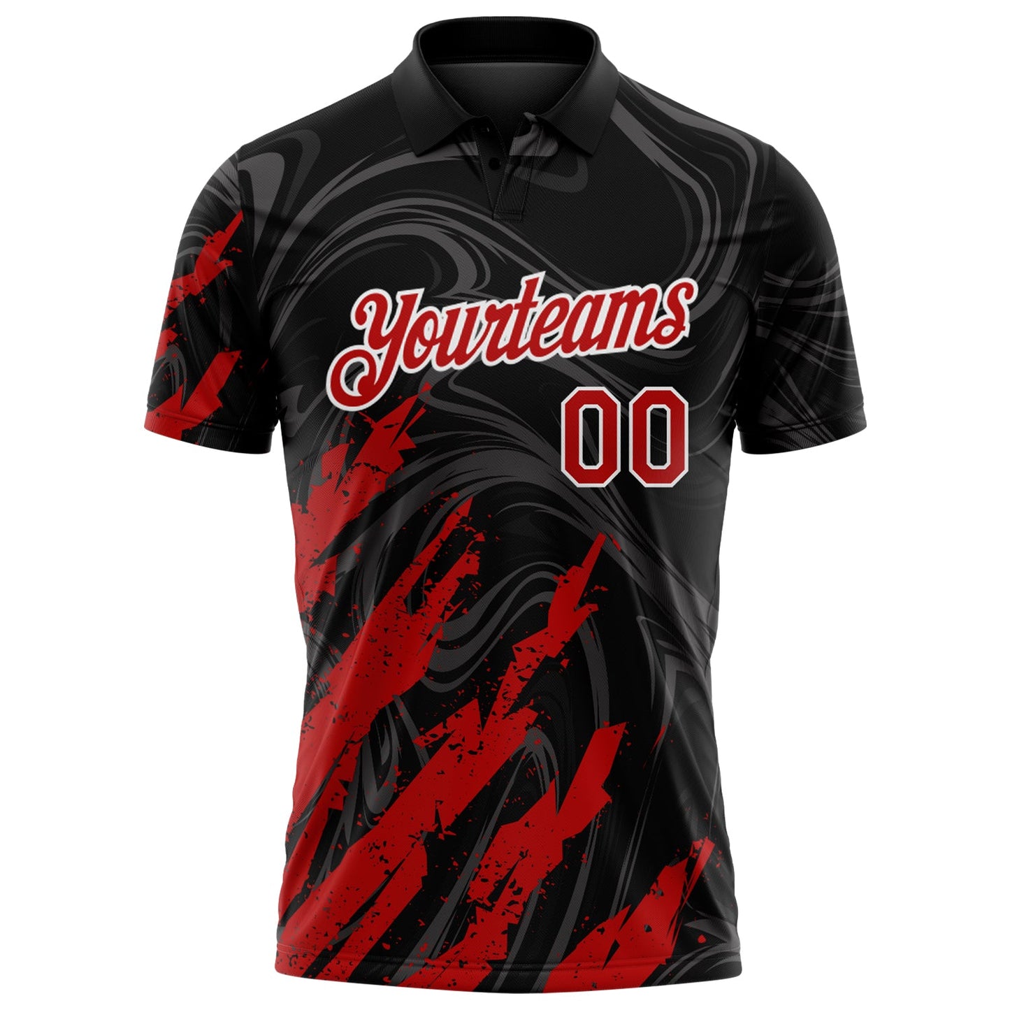 Custom Black Red-White Brush Stroke Splatter Liquid Swirl Performance Polo Shirt view 2