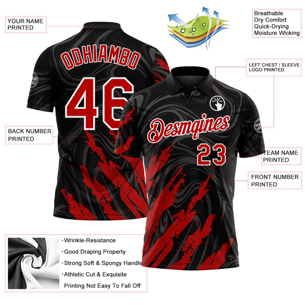 Custom Black Red-White Brush Stroke Splatter Liquid Swirl Performance Polo Shirt view 3