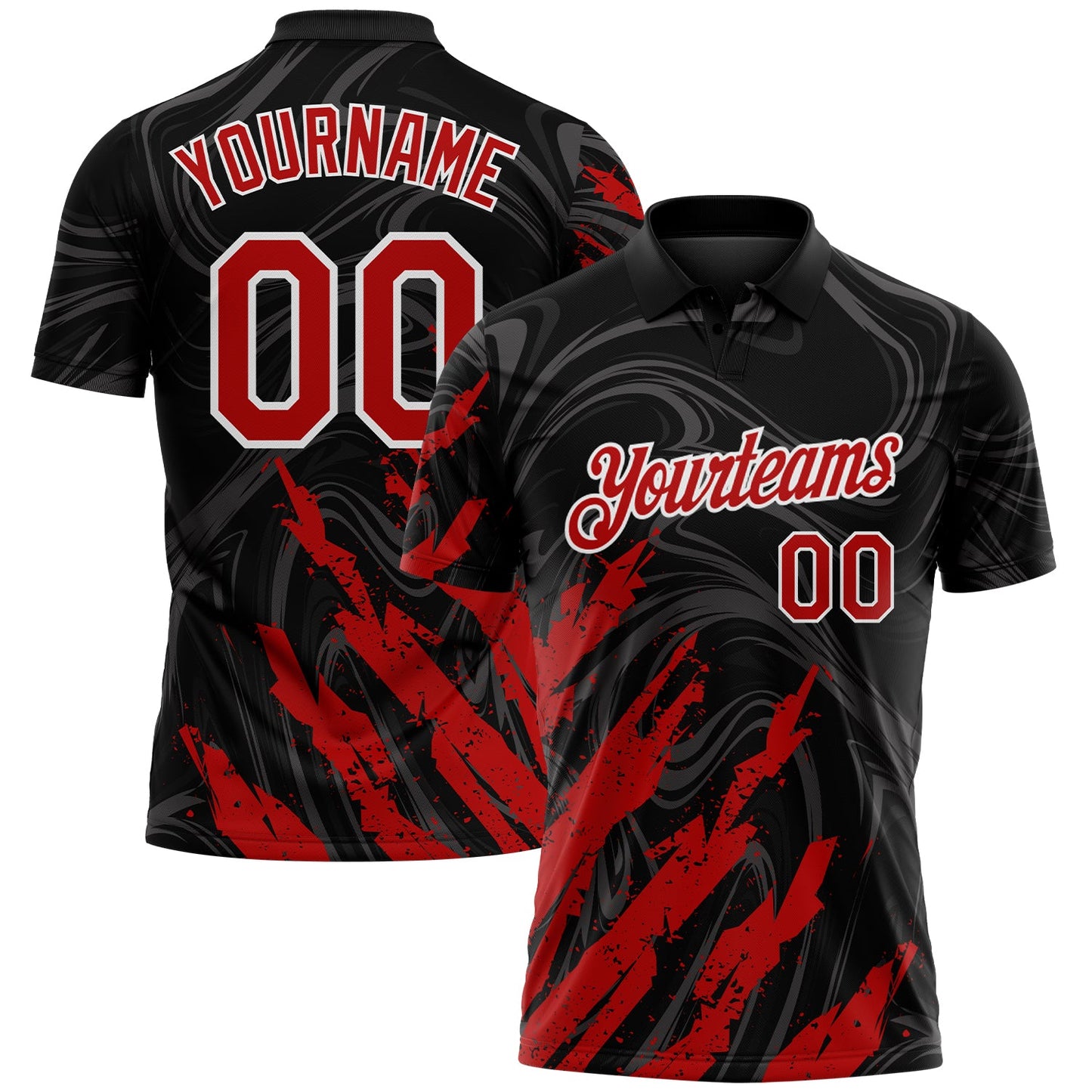 Custom Black Red-White Brush Stroke Splatter Liquid Swirl Performance Polo Shirt - Main View