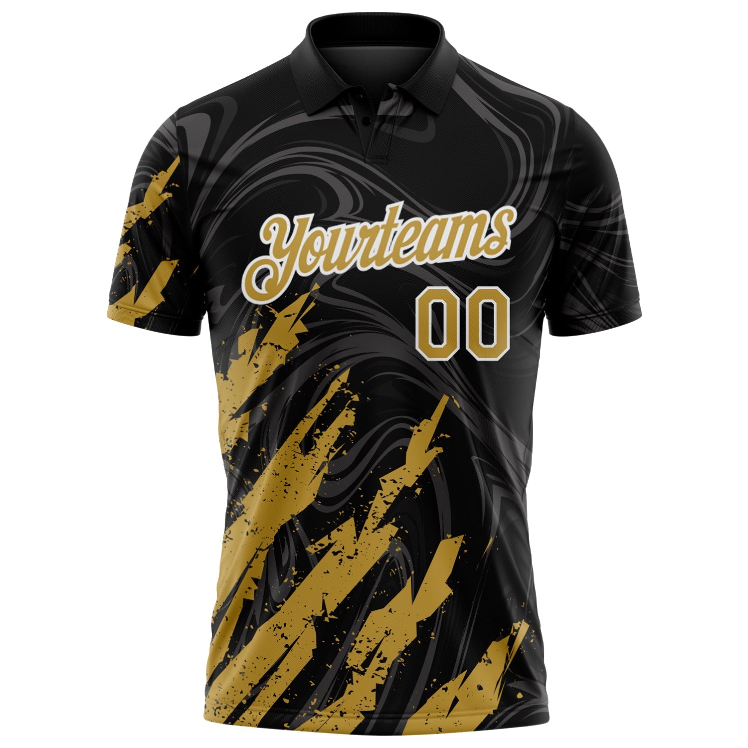 Custom Black Old Gold-White Brush Stroke Splatter Liquid Swirl Performance Polo Shirt view 2