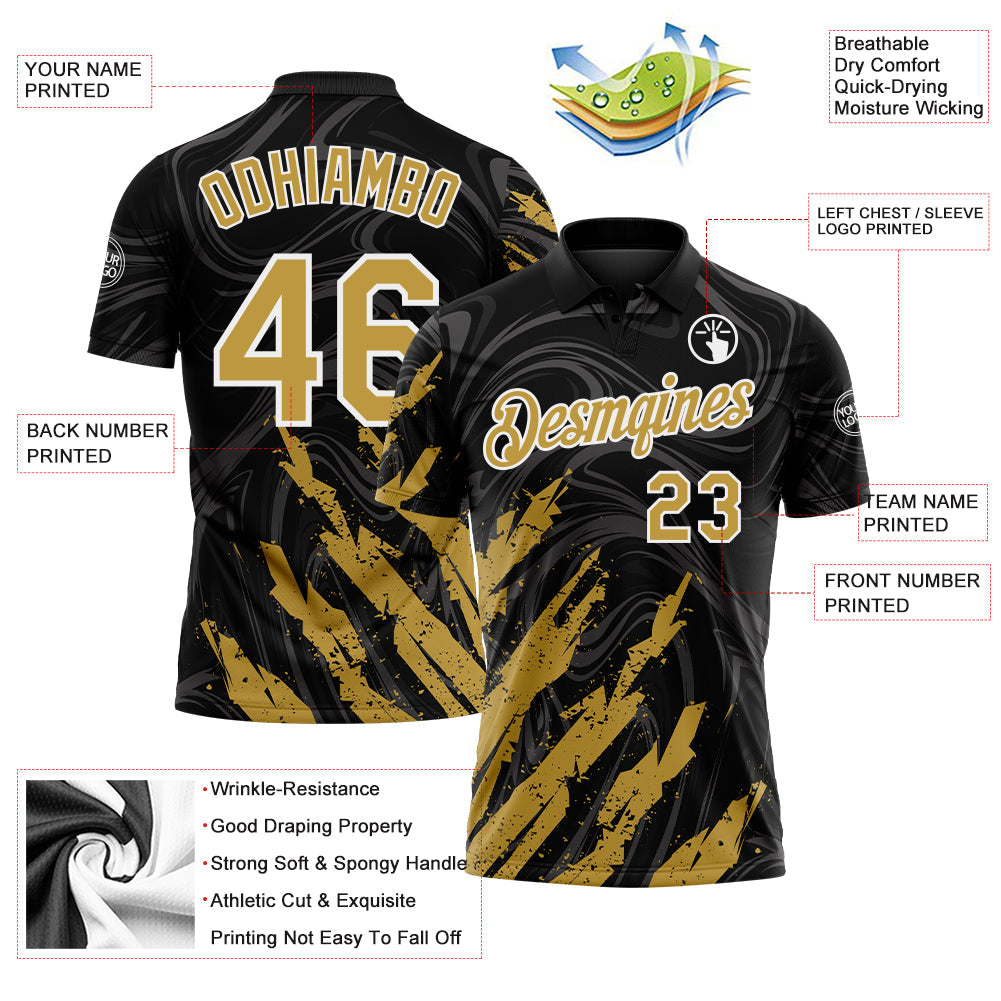 Custom Black Old Gold-White Brush Stroke Splatter Liquid Swirl Performance Polo Shirt view 3